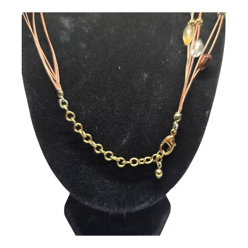 Boho Multi Strand Beaded Necklace Brown Cord Amber Gold Tone Stone Necklace - Picture 4 of 6